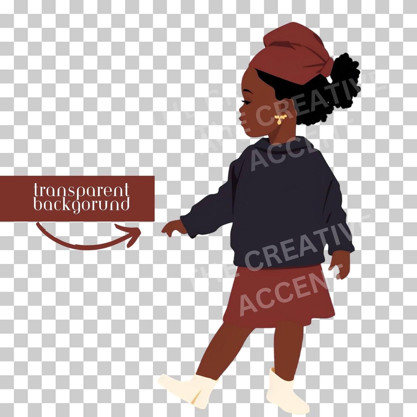 Little Black Girl Clipart, Toddler Harlem Girl, Minimalist Kids Art, Little Queen, 1 PNG, African-American, Burgundy Skirt, Baby Girl