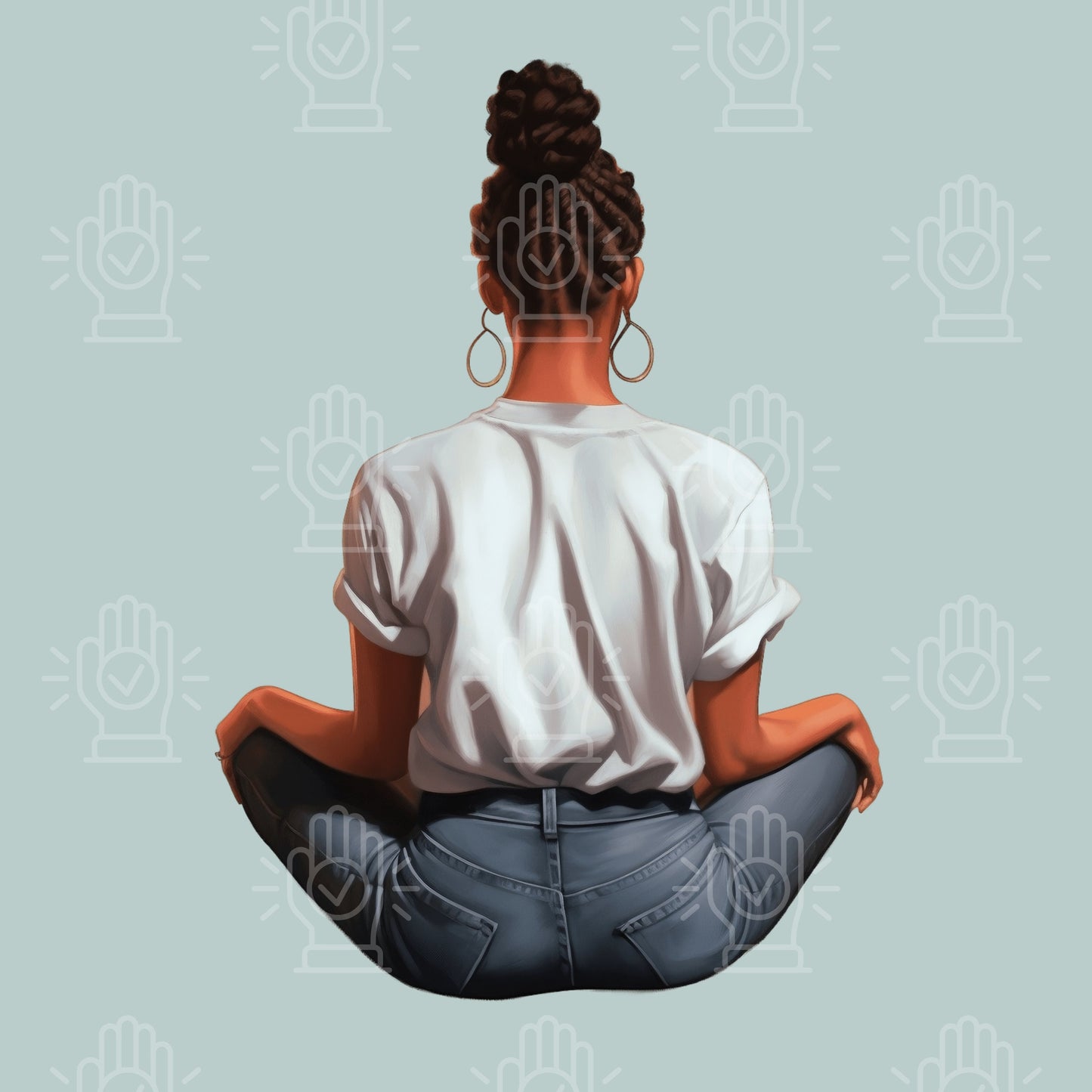 Woman Sitting Clipart, Back View of Black Women, African-American Female PNG, Braids, Locs, Jeans, Backview, Soft Illustration, Sublimation