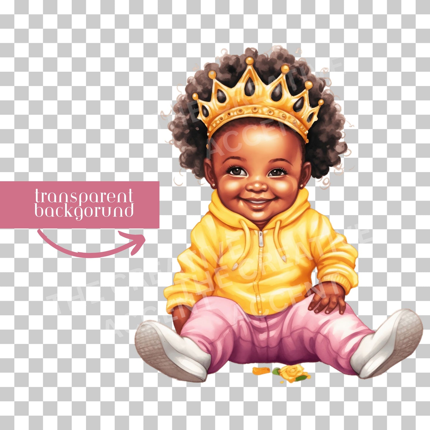 Black Toddler Princess in Pink and Yellow, Clipart, Little Baby Girl with Crown PNG bundle, Sunflower theme watercolor, baby shower