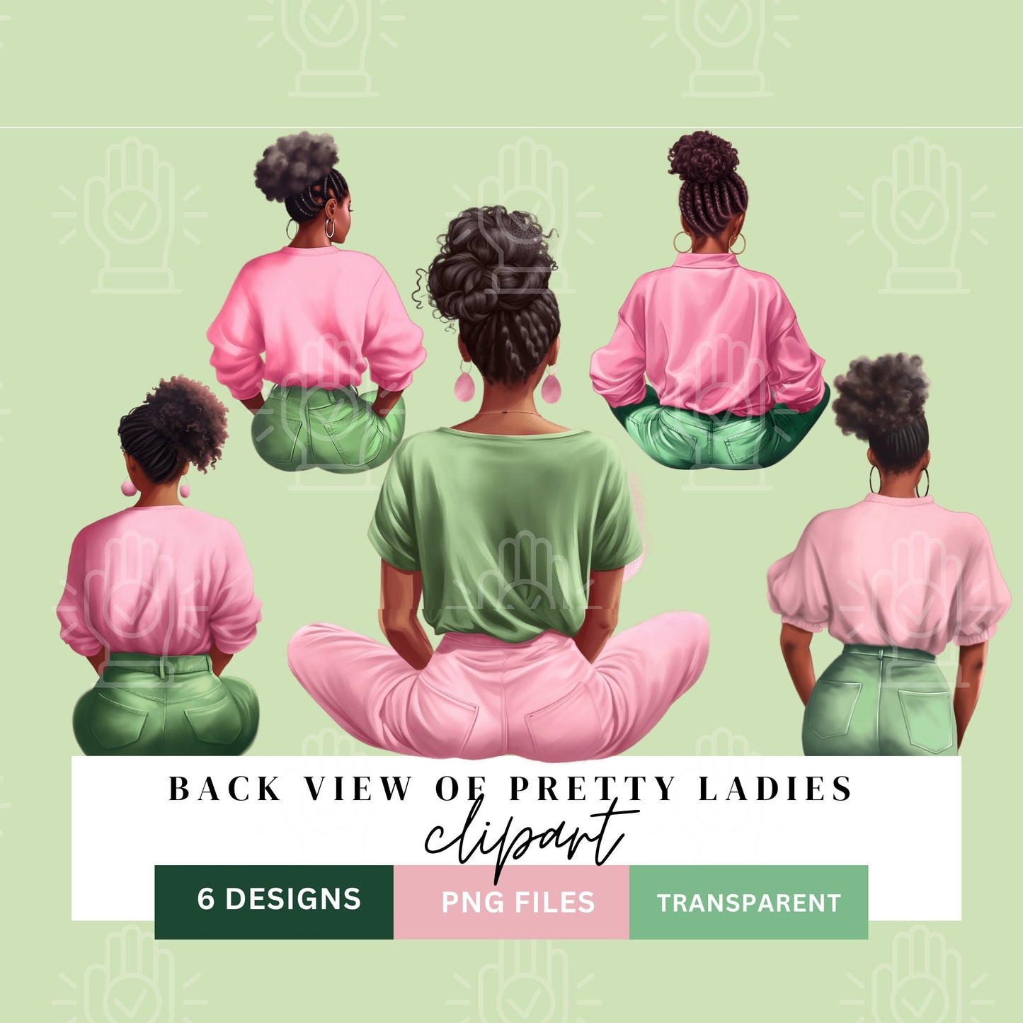 Pink and Green Soror Women Sitting Clipart,  PNG, Back View