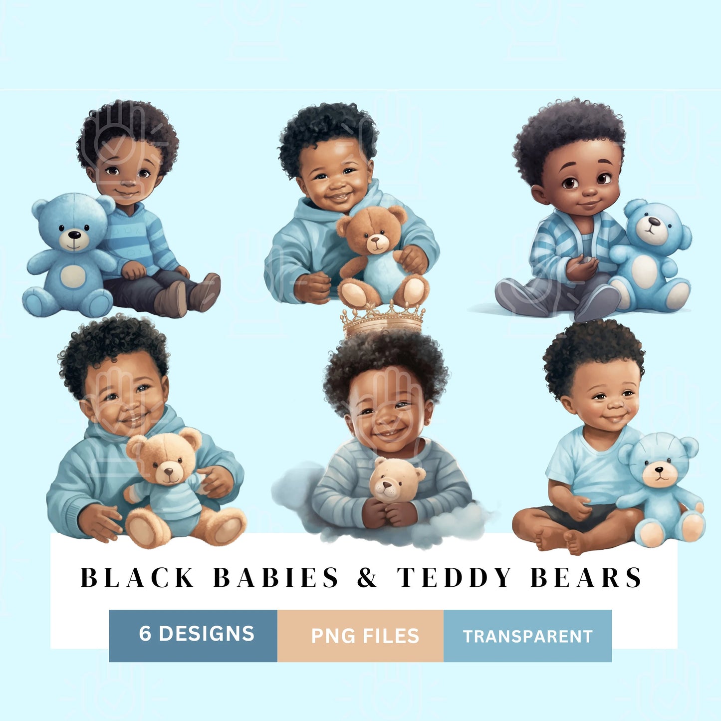 Little Black Baby Boy with Teddy Bear Clipart 6 PNG Files, Light Blue Prince