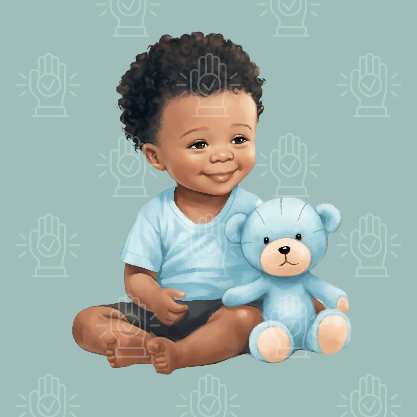Little Black Baby Boy with Teddy Bear Clipart 6 PNG Files, Light Blue Prince