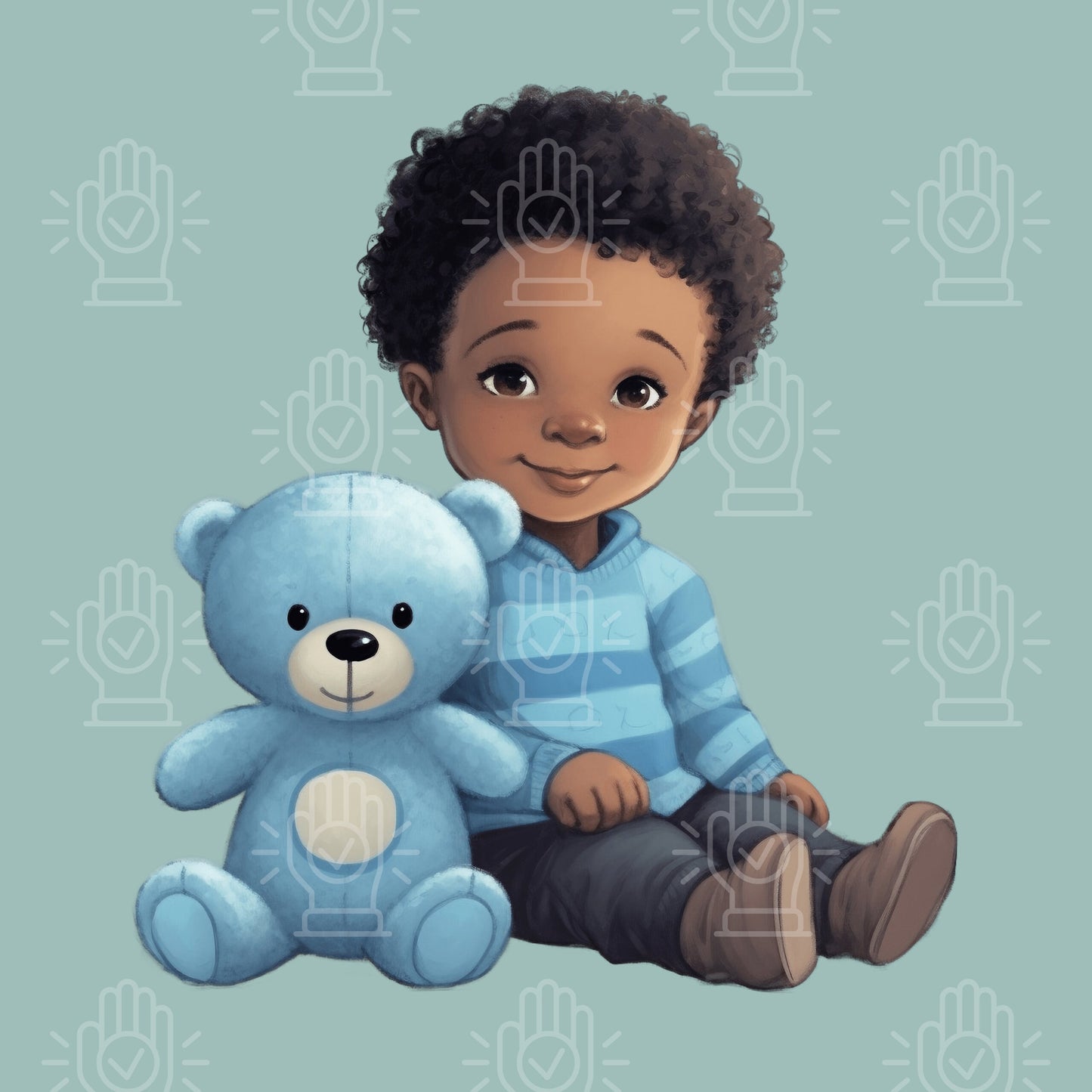 Little Black Baby Boy with Teddy Bear Clipart 6 PNG Files, Light Blue Prince