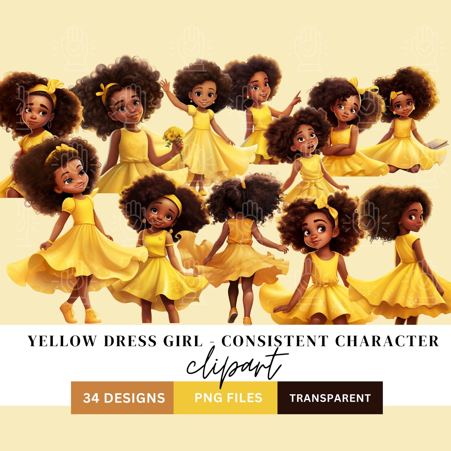 Cute Black Girl in Yellow Dress, Consistent Character Clipart, 34 PNG Bundle, Cartoon Illustration, Little Girl, Children's Book Character