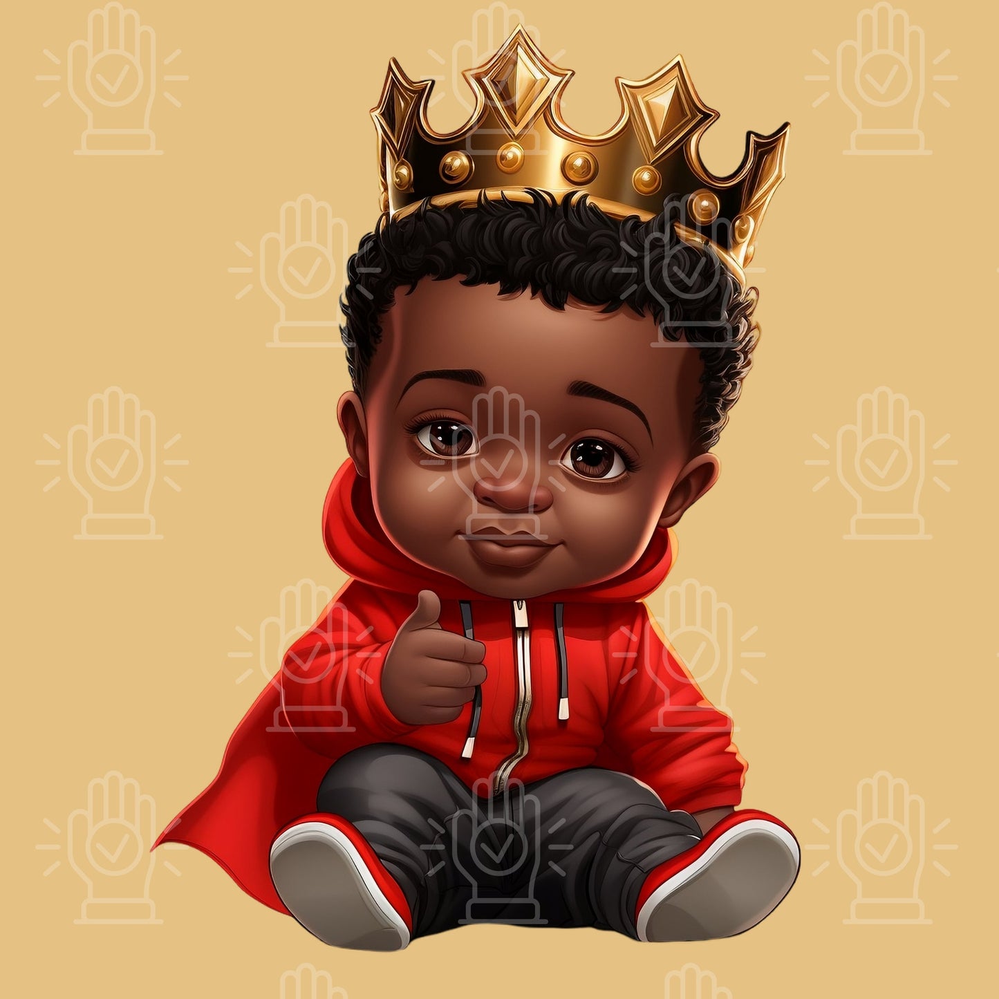 Black and Red Royal Babies in Red Clipart, Little Boy Kid with Gold Crown, Baby King PNG, African-American, Birthday, Baby Shower Cartoon