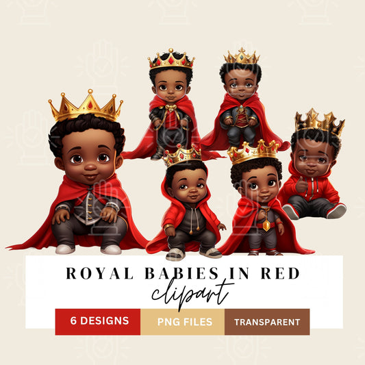 Black and Red Royal Babies in Red Clipart, Little Boy Kid with Gold Crown, Baby King PNG, African-American, Birthday, Baby Shower Cartoon