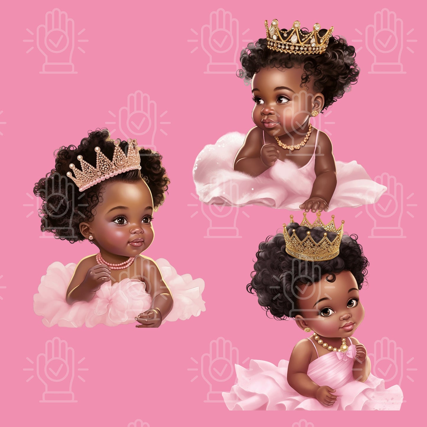 Black Baby Girl Princess in Pink Tutu Clipart, Baby Shower clipart, Little Girl with Crown, Gender Reveal, PNG bundle, Pink Theme, Afro hair