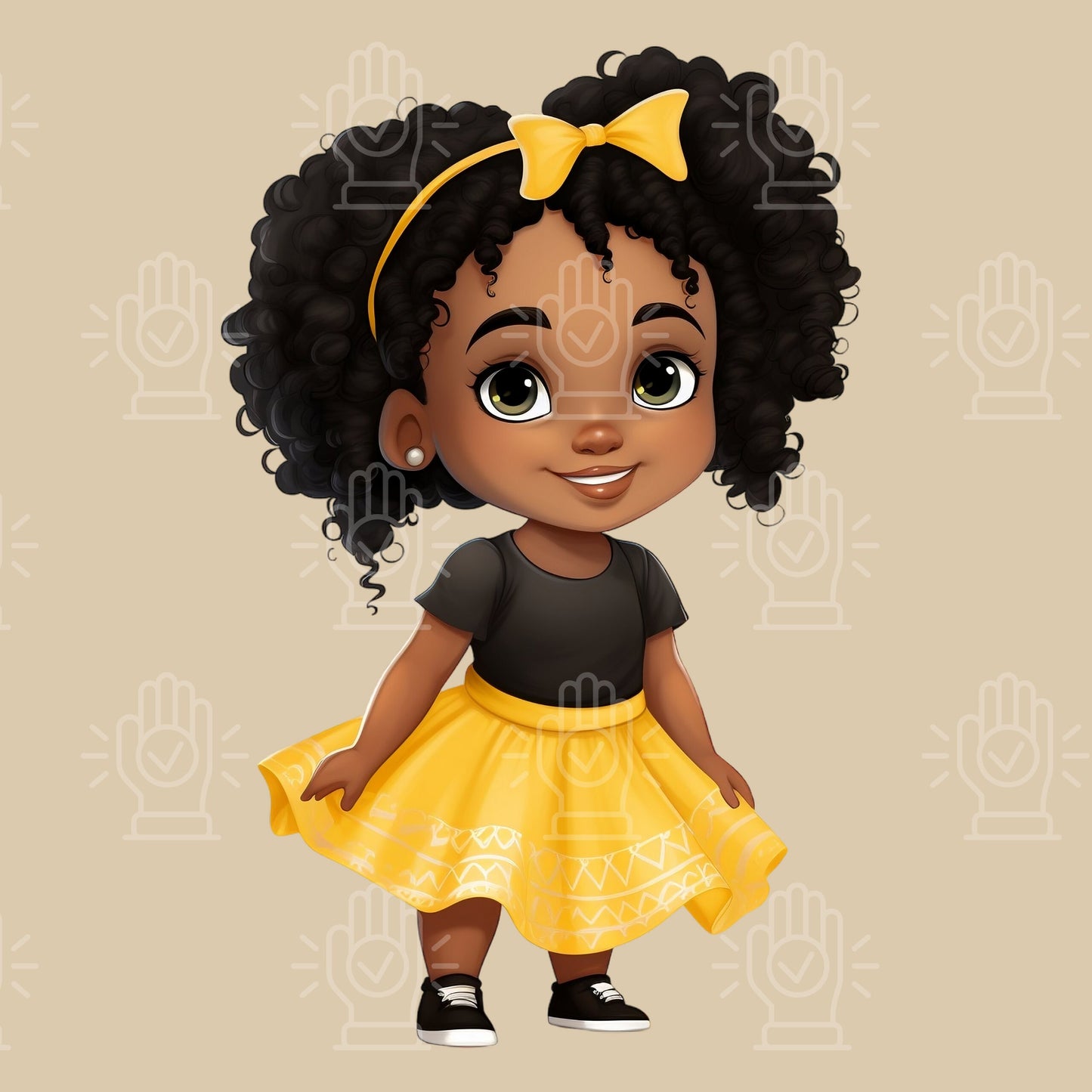 Cute Black Girl in Yellow Black and White Dress Clipart, 10 PNG, Cartoon Illustration, Little Girl, Children's Book Character, Afro American