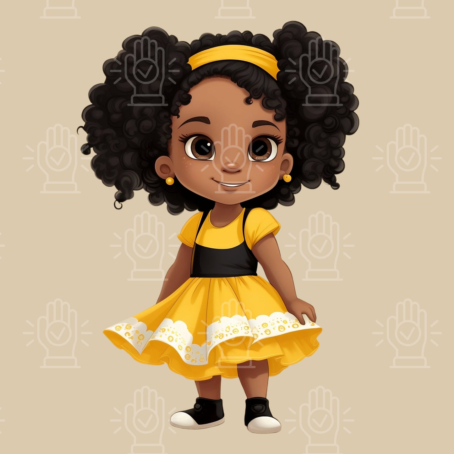 Cute Black Girl in Yellow Black and White Dress Clipart, 10 PNG, Cartoon Illustration, Little Girl, Children's Book Character, Afro American