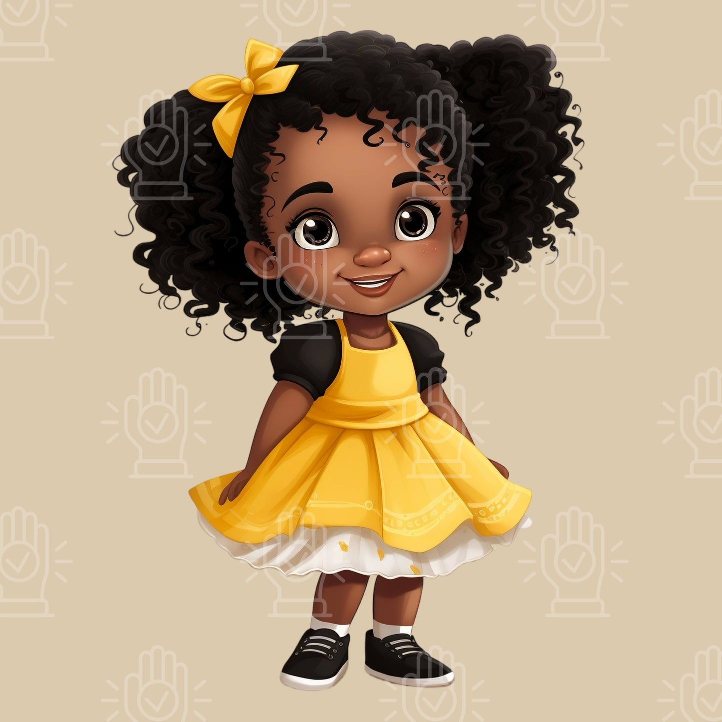 Cute Black Girl in Yellow Black and White Dress Clipart, 10 PNG, Cartoon Illustration, Little Girl, Children's Book Character, Afro American