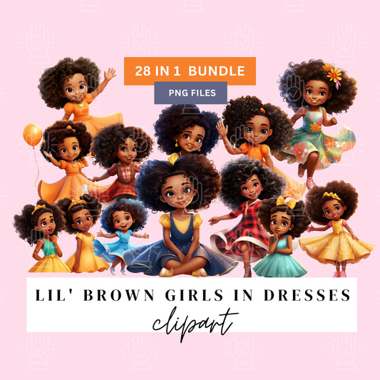 Little Black Girl Clipart, Dress, 28 PNG, Brown Toddler Girls in Cute Dresses, Birthday Party, Children's book illustration, Afro Girl