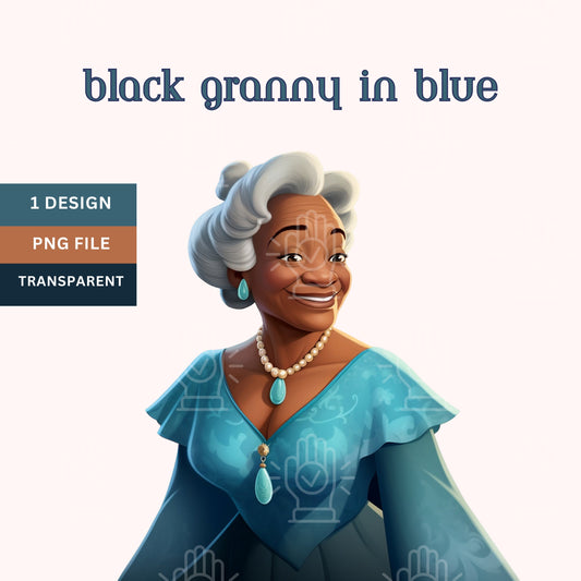 Black Elderly Woman Clipart, African-American Grandma in Blue Dress, 1 PNG,  Cartoon Art Illustration, Elder, Mature Age, Children's Book