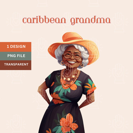 Black Elder Woman Clipart, Caribbean Grandma, Grandmother with Hat, Flower Dress, 1 PNG,  Cartoon Art, Book Illustration, Elderly, Old Lady
