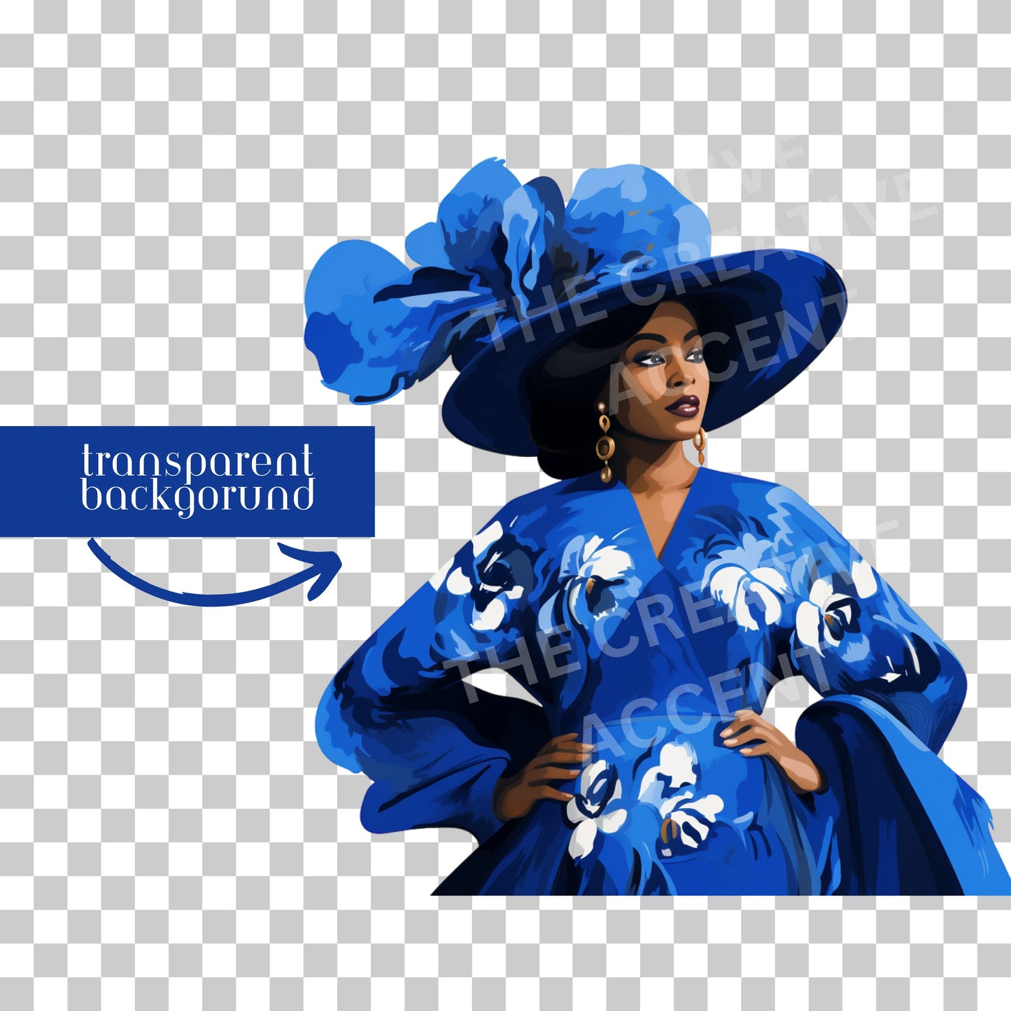 Black Woman in Royal Blue and White Clipart, 1 PNG, Female with Big Hat, African-American Church Lady, Sorority Girl, Cartoon Illustration