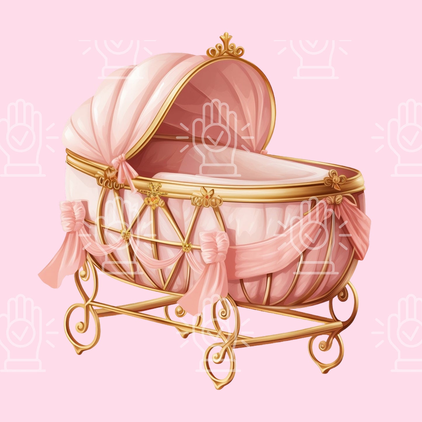 Light Pink Bassinet Clipart, Girl Baby Shower Decor Elements, Pink and Gold Royal Theme, Crib, Gender Reveal, Watercolor Illustration PNG