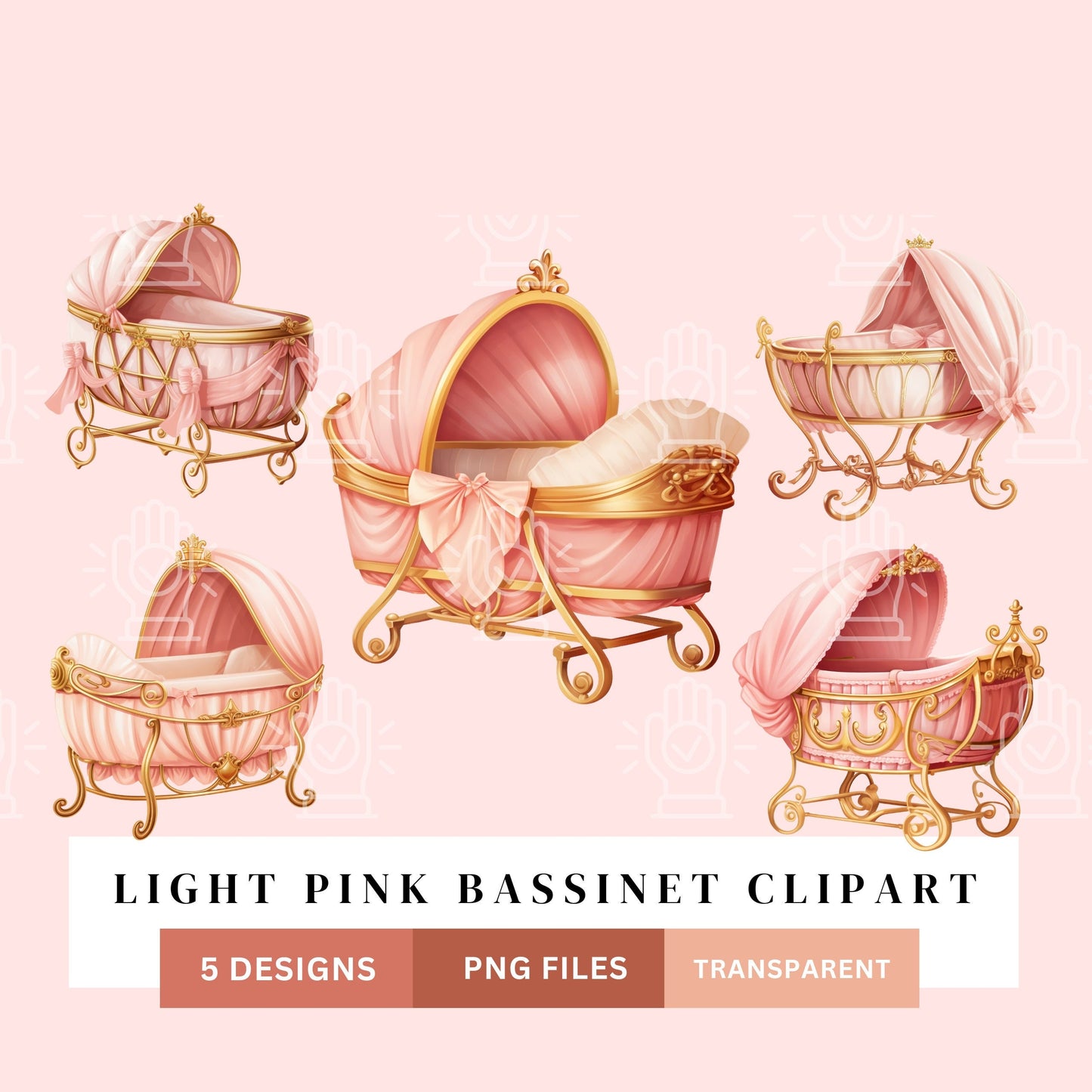 Light Pink Bassinet Clipart, Girl Baby Shower Decor Elements, Pink and Gold Royal Theme, Crib, Gender Reveal, Watercolor Illustration PNG