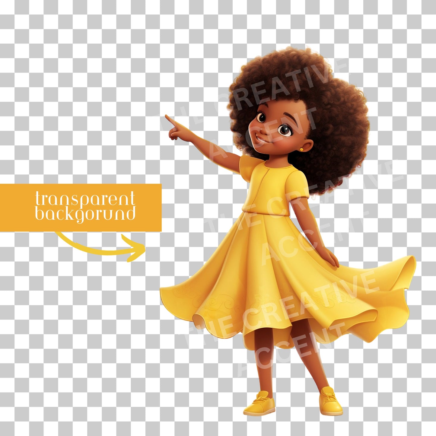 Cute Black Girl in Yellow Dress, Consistent Character Clipart, 34 PNG Bundle, Cartoon Illustration, Little Girl, Children's Book Character