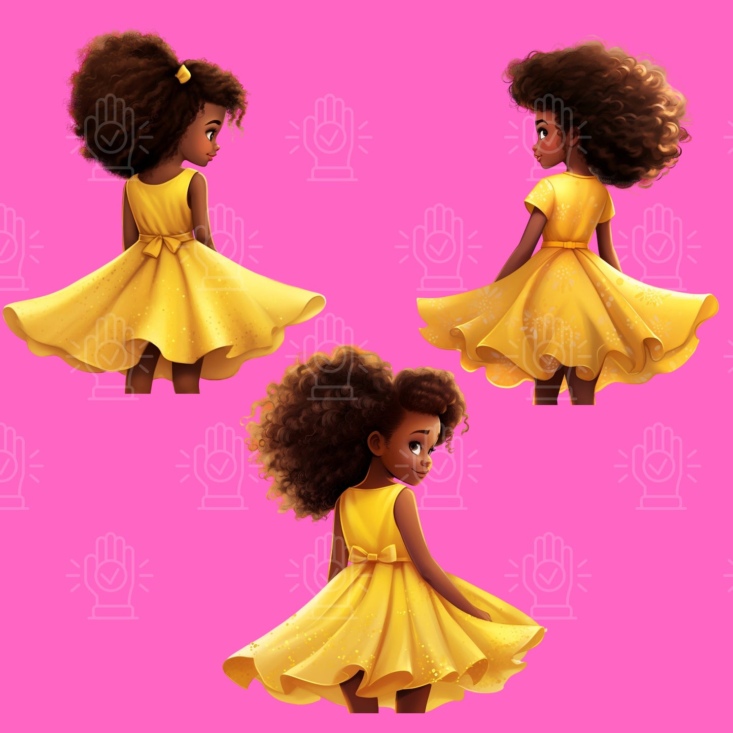 Cute Black Girl in Yellow Dress, Consistent Character Clipart, 34 PNG Bundle, Cartoon Illustration, Little Girl, Children's Book Character