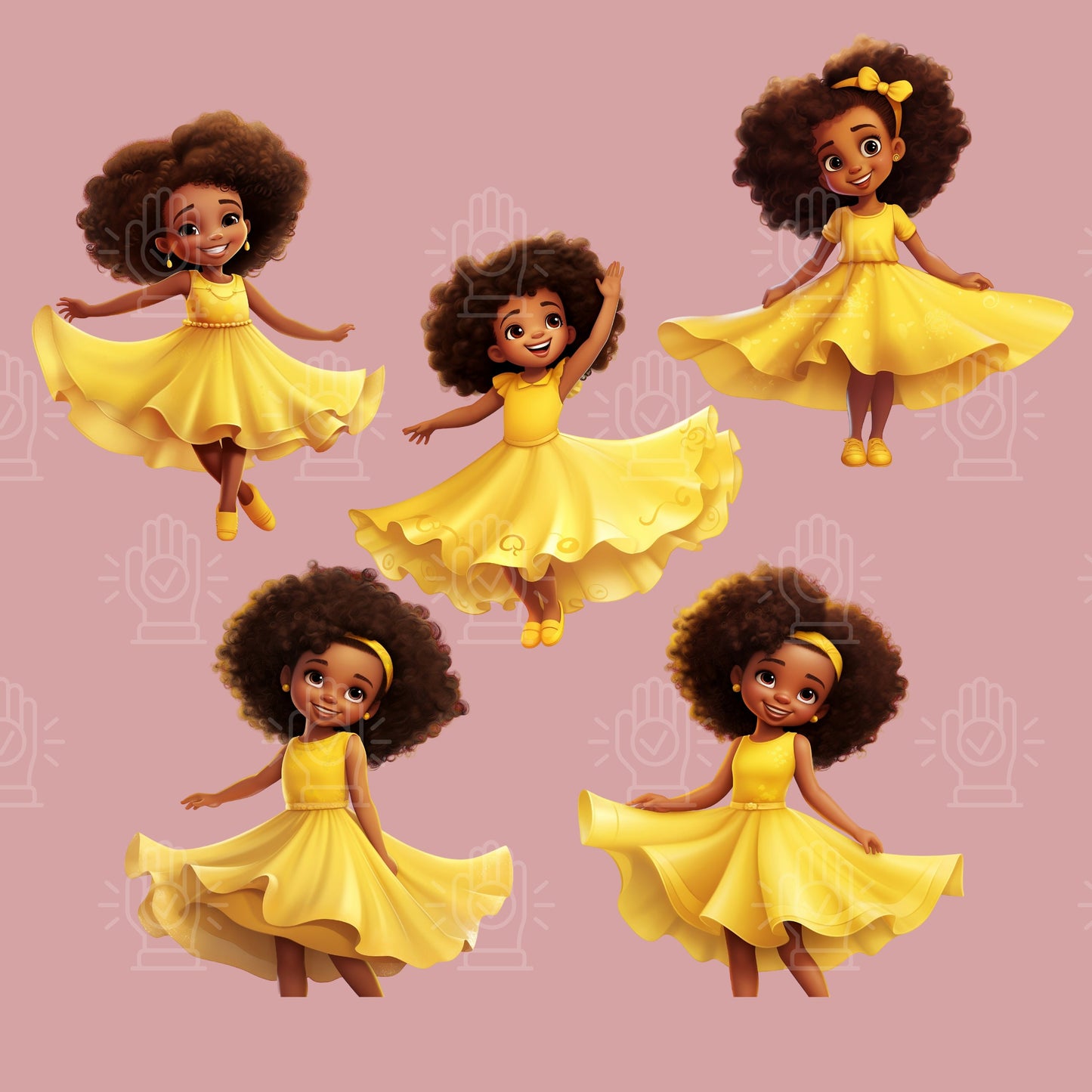 Cute Black Girl in Yellow Dress, Consistent Character Clipart, 34 PNG Bundle, Cartoon Illustration, Little Girl, Children's Book Character