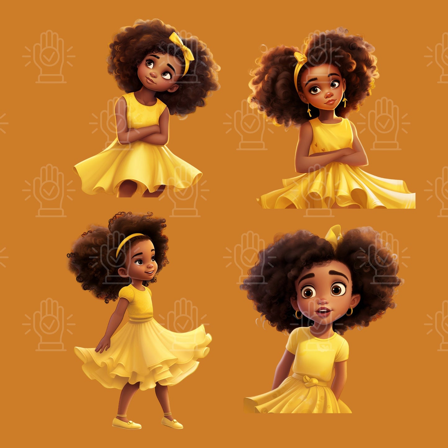 Cute Black Girl in Yellow Dress, Consistent Character Clipart, 34 PNG Bundle, Cartoon Illustration, Little Girl, Children's Book Character