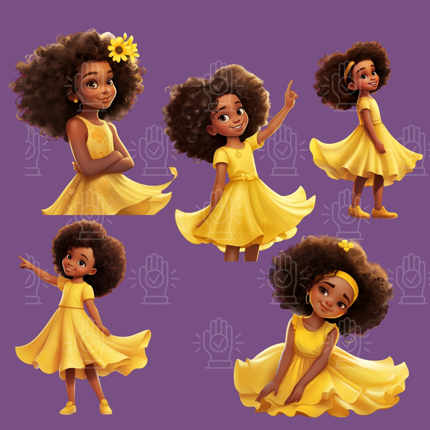 Cute Black Girl in Yellow Dress, Consistent Character Clipart, 34 PNG Bundle, Cartoon Illustration, Little Girl, Children's Book Character