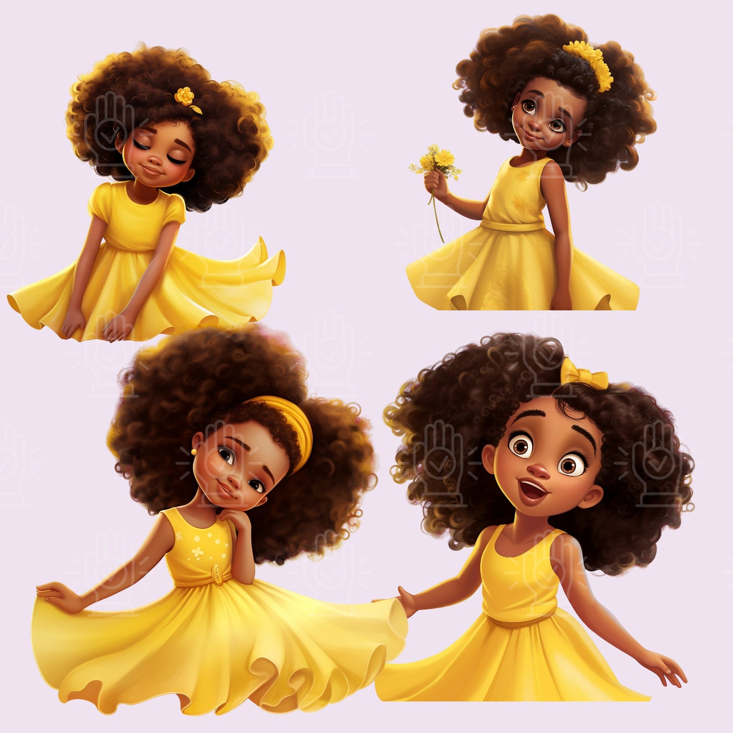 Cute Black Girl in Yellow Dress, Consistent Character Clipart, 34 PNG Bundle, Cartoon Illustration, Little Girl, Children's Book Character