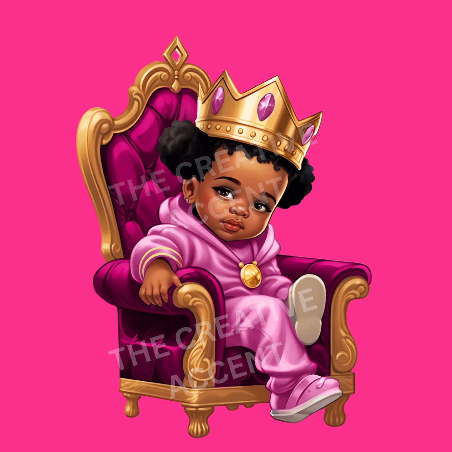 Black Gender Reveal Clipart, Little Black Boy Prince & Baby Girl Princess on Royal Throne, Baby Shower, Cartoon Illustration, Gold Crown PNG
