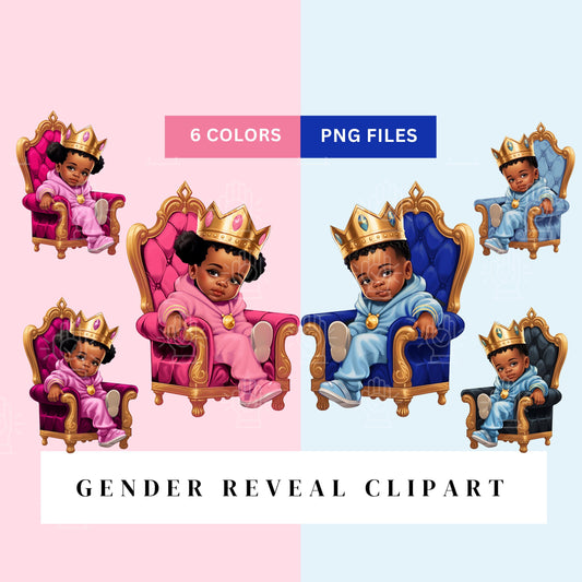 Black Gender Reveal Clipart, Little Black Boy Prince & Baby Girl Princess on Royal Throne, Baby Shower, Cartoon Illustration, Gold Crown PNG