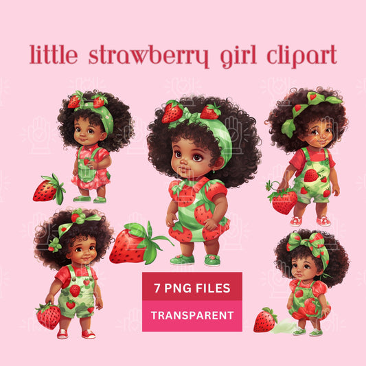 Strawberry Toddler Baby Girl Clipart, 7 PNG, Little Mixed Black Girl, Cute Strawberry cake Theme, Cute Afro, Watercolor Baby Shower Decor