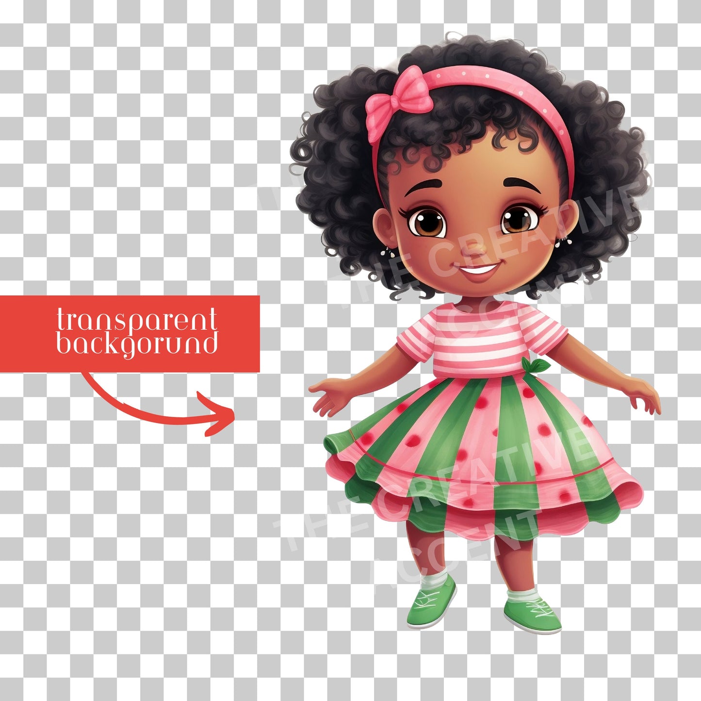 Watermelon Baby Girl Clipart, 7 PNG, Little Black Girl Toddler, Cute Watermelon Theme, Cute Afro, Dresses, Watercolor Soft Illustration