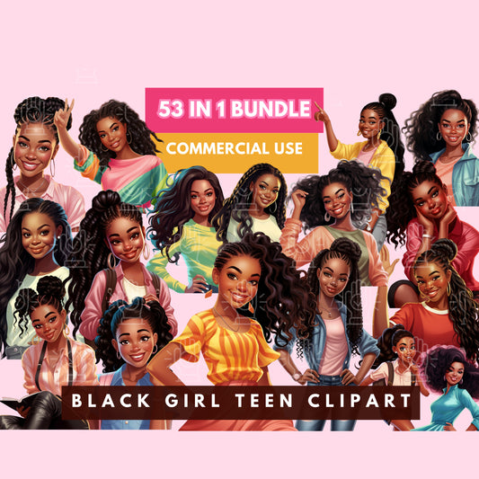 Black Girl Teen Clipart, 53 PNG MegaBundle, Back to School Illustrations, Brown Teenager PNG,  African-American Young Woman, Fashion, Tween