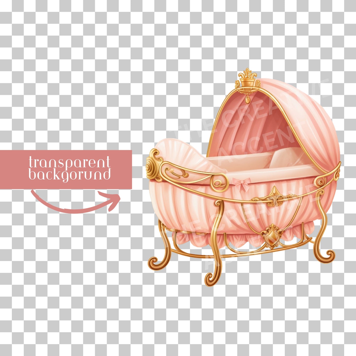 Light Pink Bassinet Clipart, Girl Baby Shower Decor Elements, Pink and Gold Royal Theme, Crib, Gender Reveal, Watercolor Illustration PNG