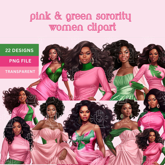 Pink & Green Sorority Women Clipart, 22 PNG, Beautiful Black Women Ladies K Bundle, illustration, D9