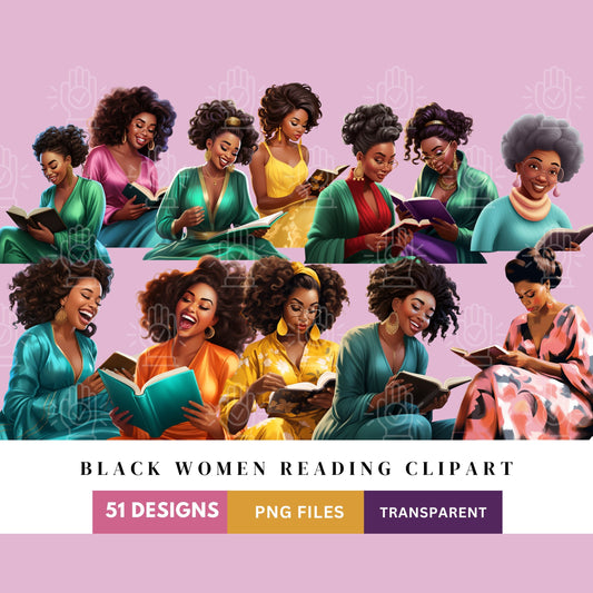 Black Woman Reading Clipart, Beautiful Women, 51 PNG bundle, Reading, Sitting, Young, Old, Multi-generational Female Cartoon illustrations