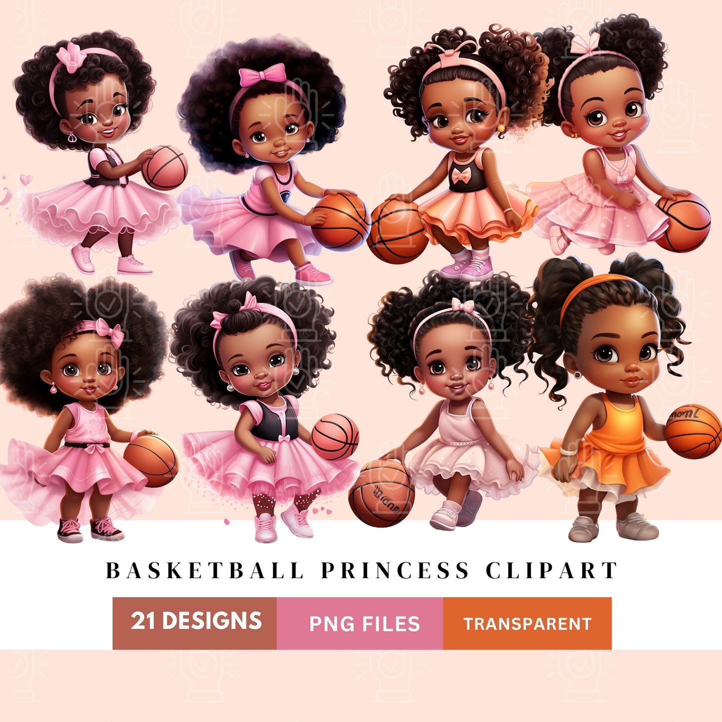 Basketball Baby Girl Princess, 12 PNG, Pink Tutu Dress, Little Black Baby Shower Clipart, Sports Theme Illustration, Sports Gender Reveal