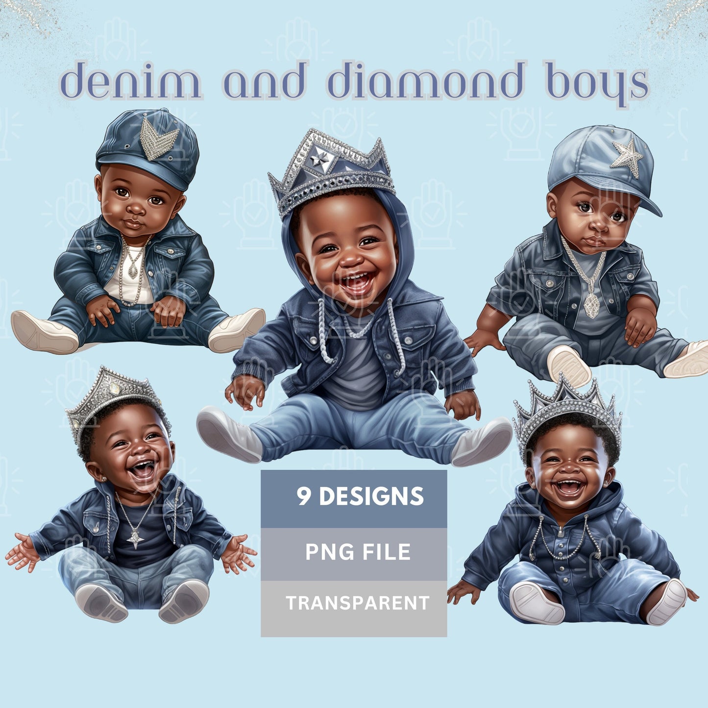 Denim and Diamond Black Baby Boy Prince Clipart, 9 PNG, Silver, Blue Jean Bling Baby Shower Theme, Silver, Cartoon, Bling Royal Prince Crown