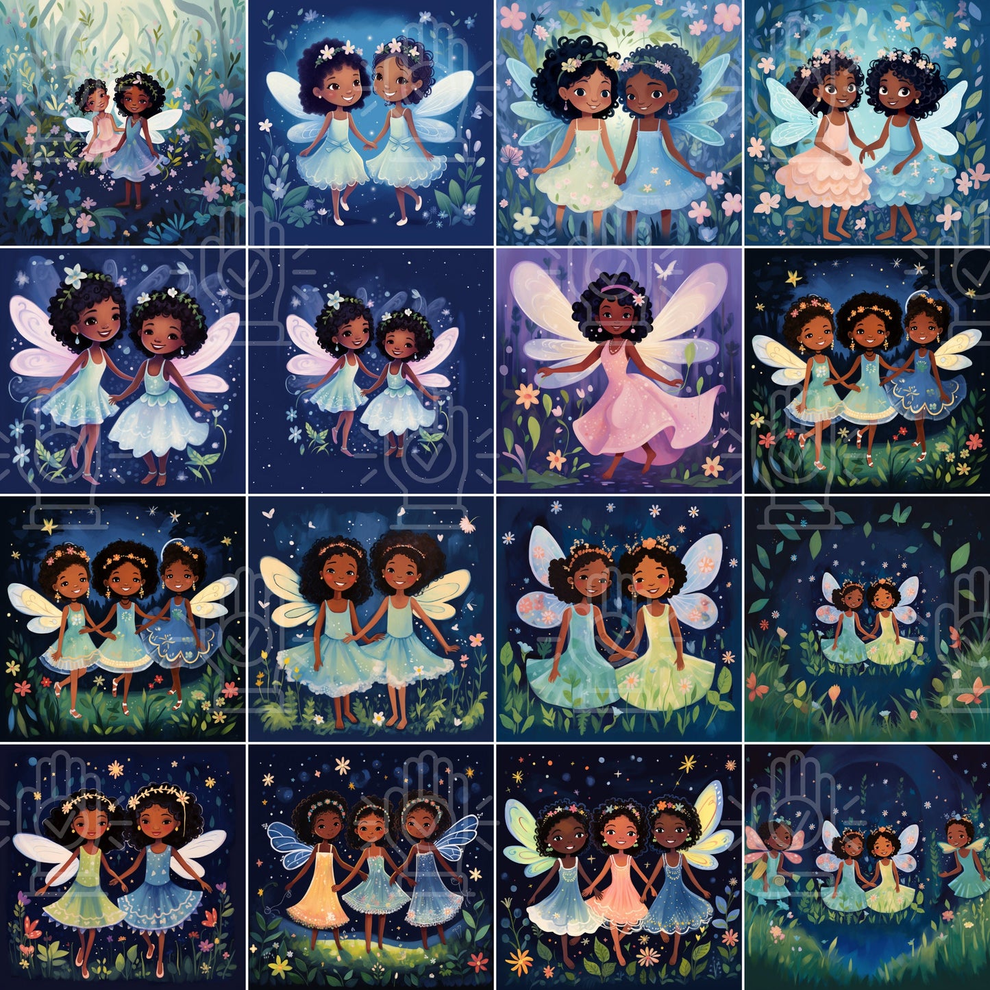 Black Girl Fairy Clipart, Little Fairies, Fairytale Cartoon Character Art, 55 PNG bundle, Children's Book Illustrations African-American Kid