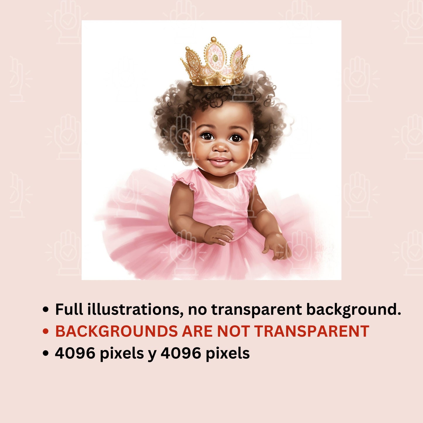 Little Black Girl Princess Watercolor Illustrations, 27 PNG, NOT transparent background, Pink Tutu dress, Baby Shower, Gold Crown, Afro hair