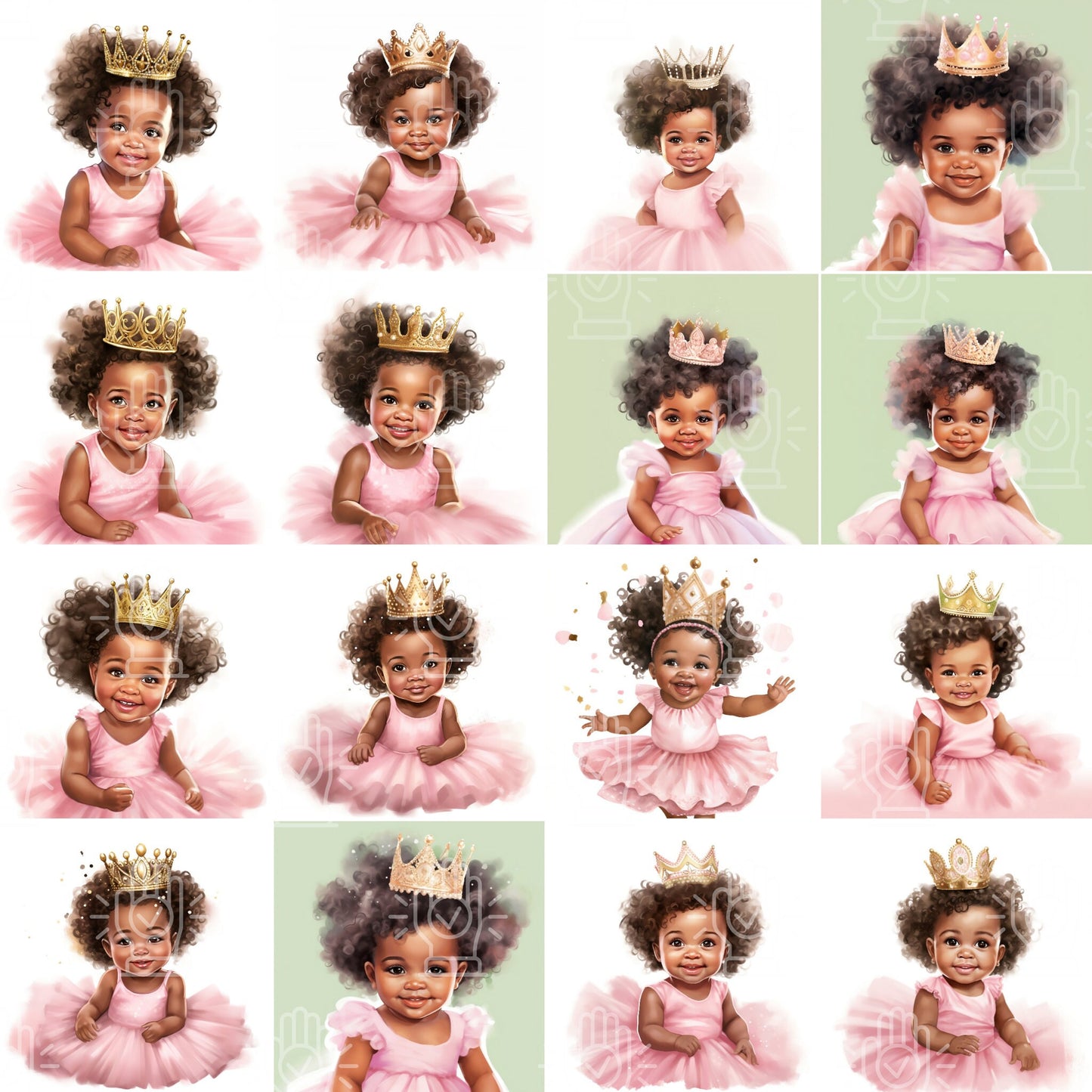 Little Black Girl Princess Watercolor Illustrations, 27 PNG, NOT transparent background, Pink Tutu dress, Baby Shower, Gold Crown, Afro hair