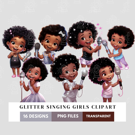 Black Girl Singing Clipart, 16 PNG, Little Singer, performing Arts School Illustration, Talent Show Silver Baby, Microphone, Mic, Glitter