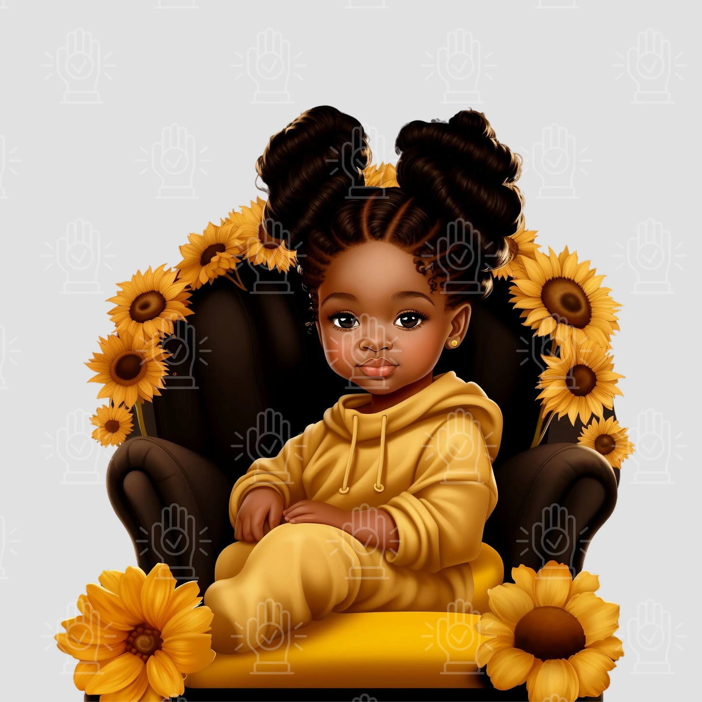 Little Sunflower Black Girl in Throne Chair Clipart, 4 PNG