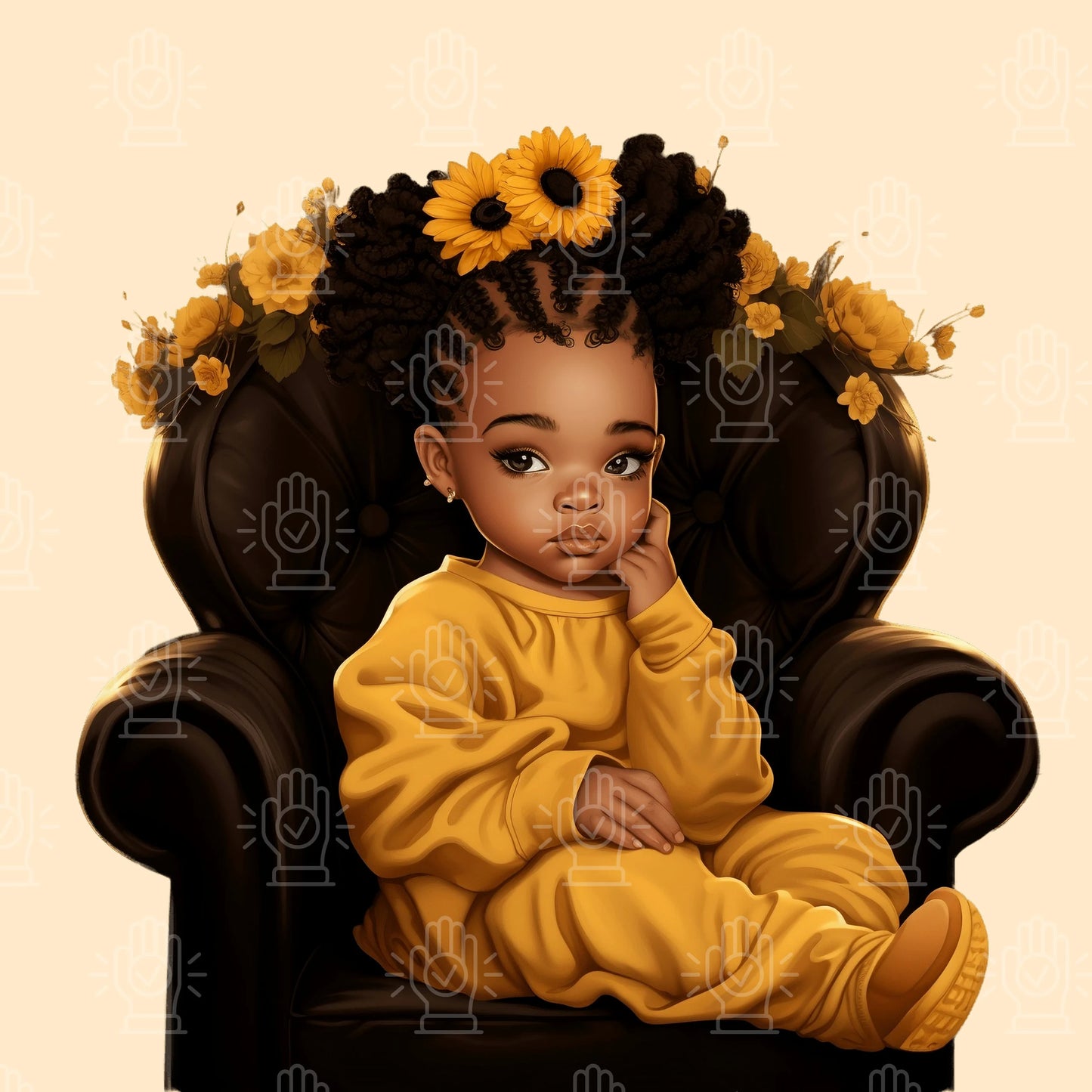 Little Sunflower Black Girl in Throne Chair Clipart, 4 PNG
