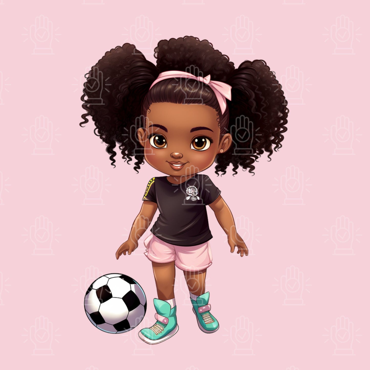 Black Soccer Player Girl Clipart, 4 PNG, Children's Illustration Cartoon, Little African-American Kid, Sports Ball Team Theme, Cute Afro
