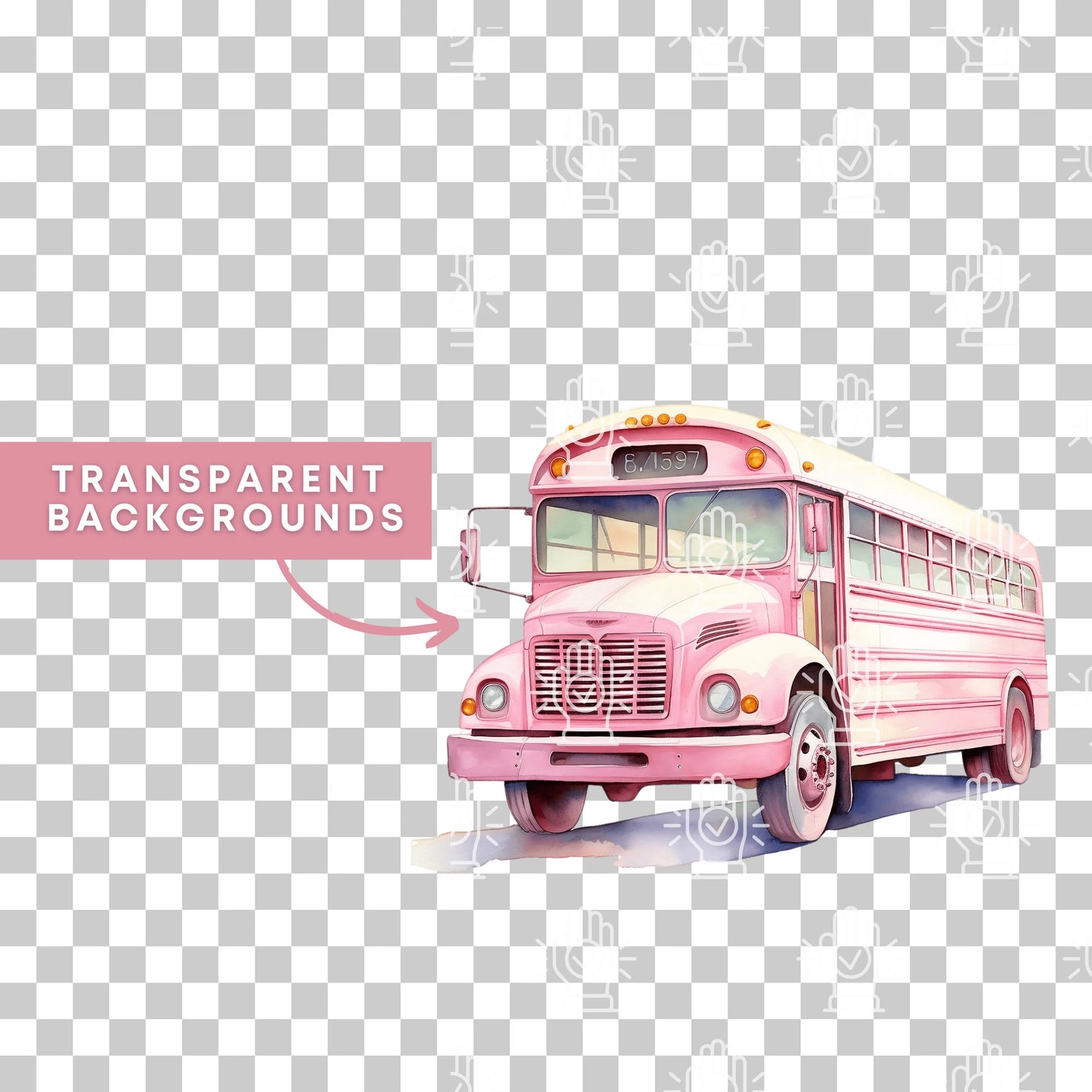 Pink School Bus Watercolor Clipart, 9 PNG