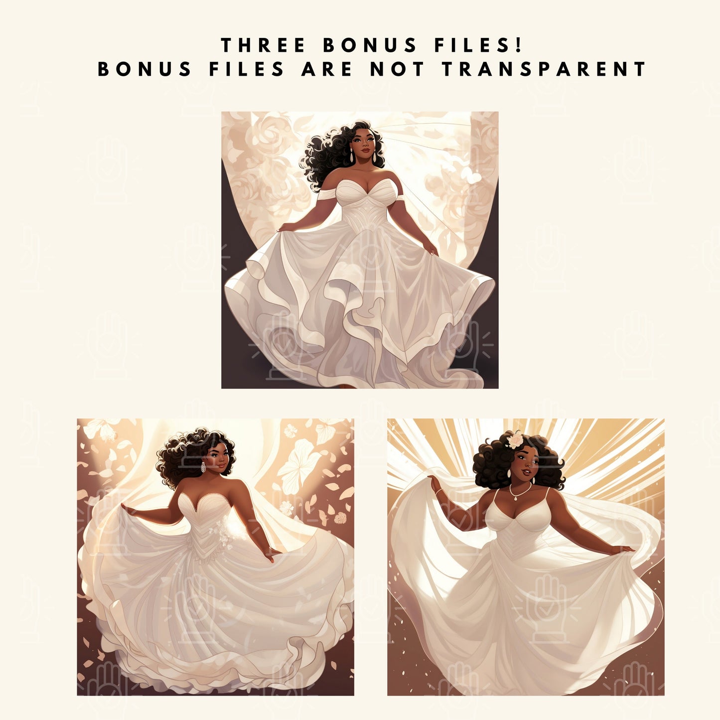 Black Plus Size Bride Clipart, Curvy Woman, 12 PNG, Wedding Dress Illustration, Ladies White Veil, Thick Queen Cartoon Engagement Party Gift