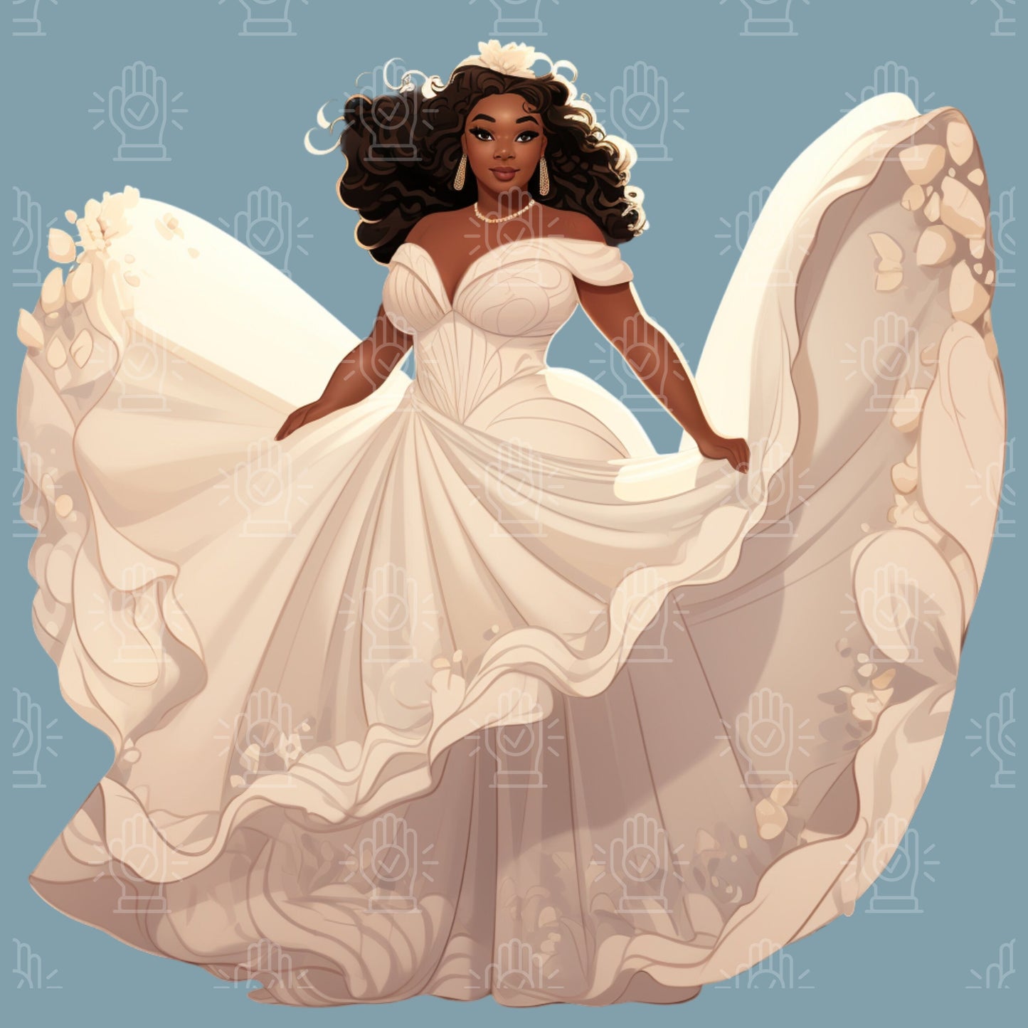 Black Plus Size Bride Clipart, Curvy Woman, 12 PNG, Wedding Dress Illustration, Ladies White Veil, Thick Queen Cartoon Engagement Party Gift