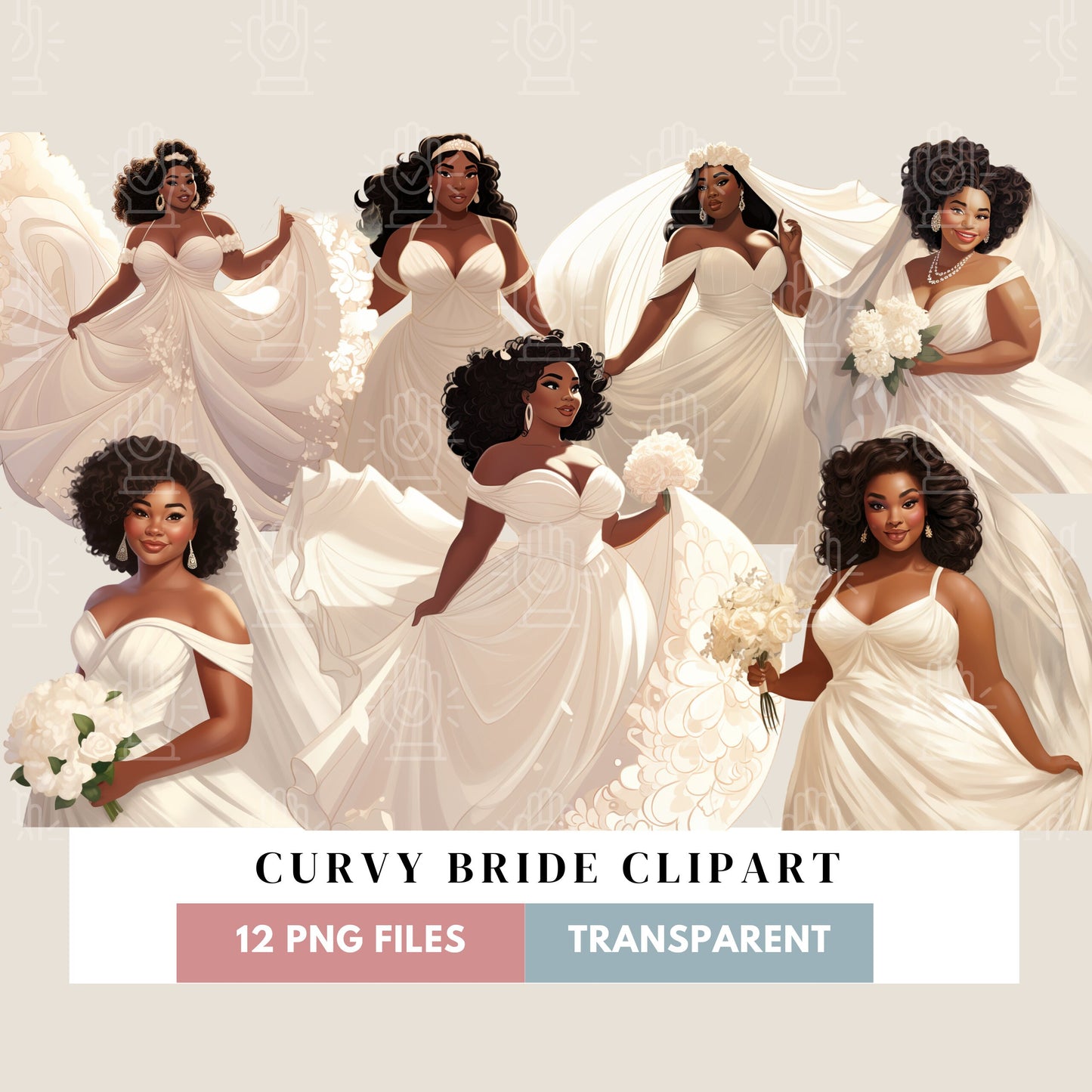 Black Plus Size Bride Clipart, Curvy Woman, 12 PNG, Wedding Dress Illustration, Ladies White Veil, Thick Queen Cartoon Engagement Party Gift