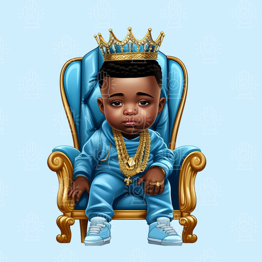 Black Baby on Royal Throne, Chair, Prince with Crown, Baby Blue Shower Clipart, Crowned Boy Sitting, King PNG, African-American, Children