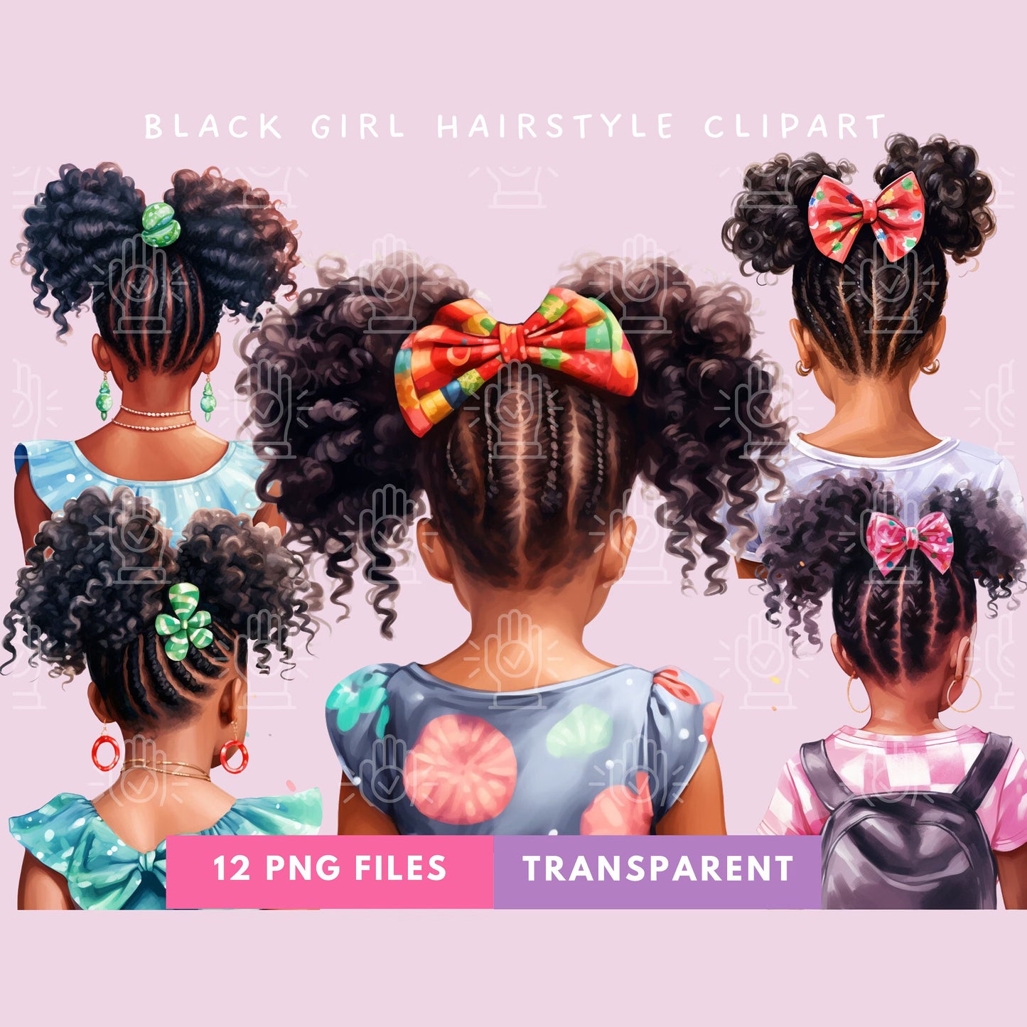 Back View of Black Girl Clipart, 12 PNG, Kids Hairstyle Watercolor, Commercial Use