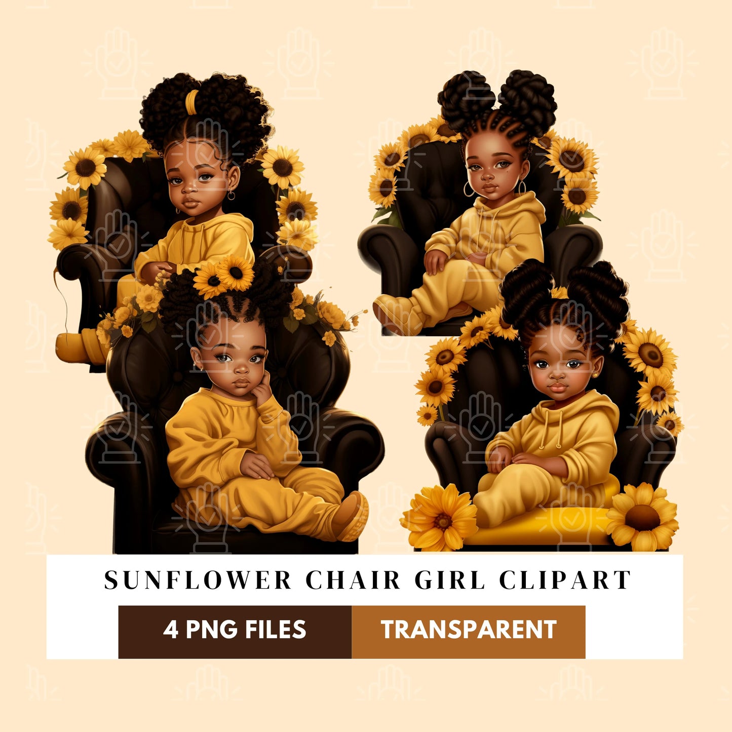 Little Sunflower Black Girl in Throne Chair Clipart, 4 PNG